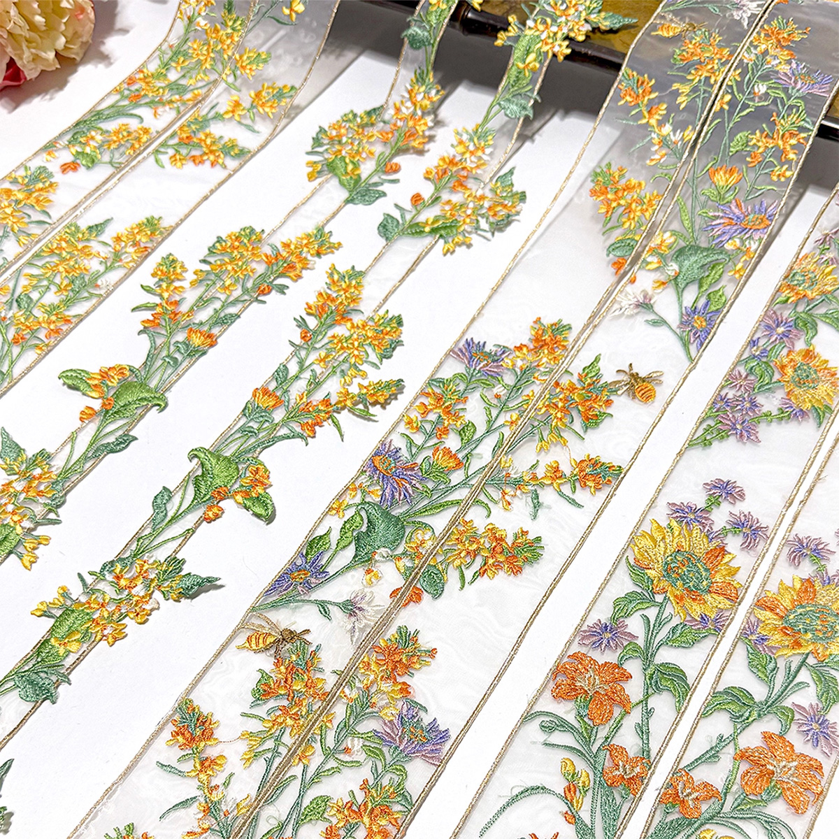 原创油菜花蕾丝辅料重工刺绣汉服袖领口边条欧根纱窗帘边条diy