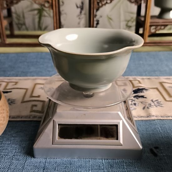 摆件清凉寺汝瓷仿古釉纯手工花口杯微瑕