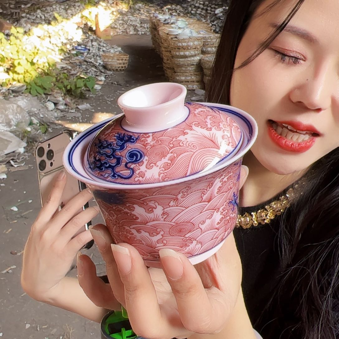 摆件陶景德镇红xixi龙二才盖碗