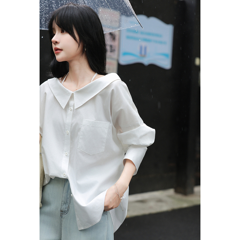 dme德·玛纳纯棉衬衫春夏韩系微胖梨形一字领绑带女衬衣