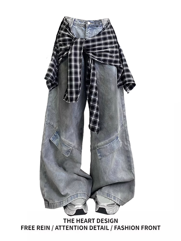 复古衬衫拼接假两件牛仔裤女2025夏季新款设计感宽松直筒拖地裤子