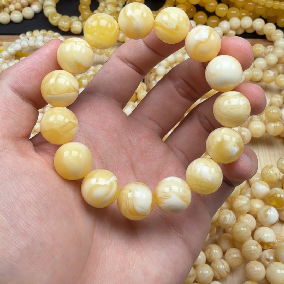 手串蜜蜡未镶嵌14+俄料瓷白妖花蜡精工圆珠手串