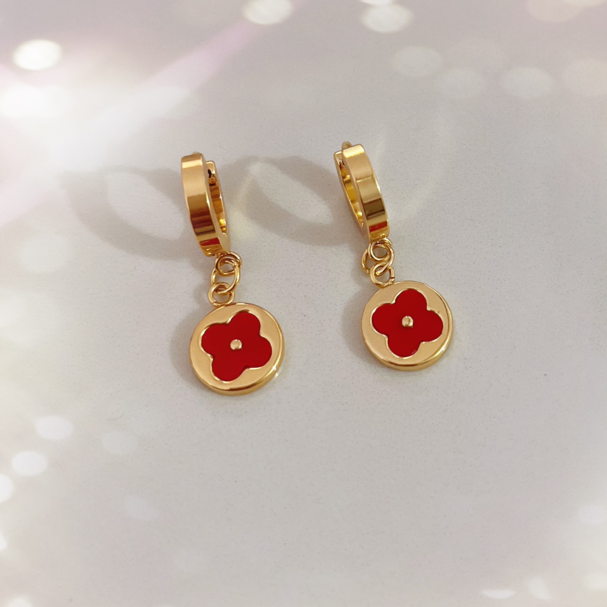 钛钢耳饰 1487钛钢高级感红色四叶花耳扣耳环