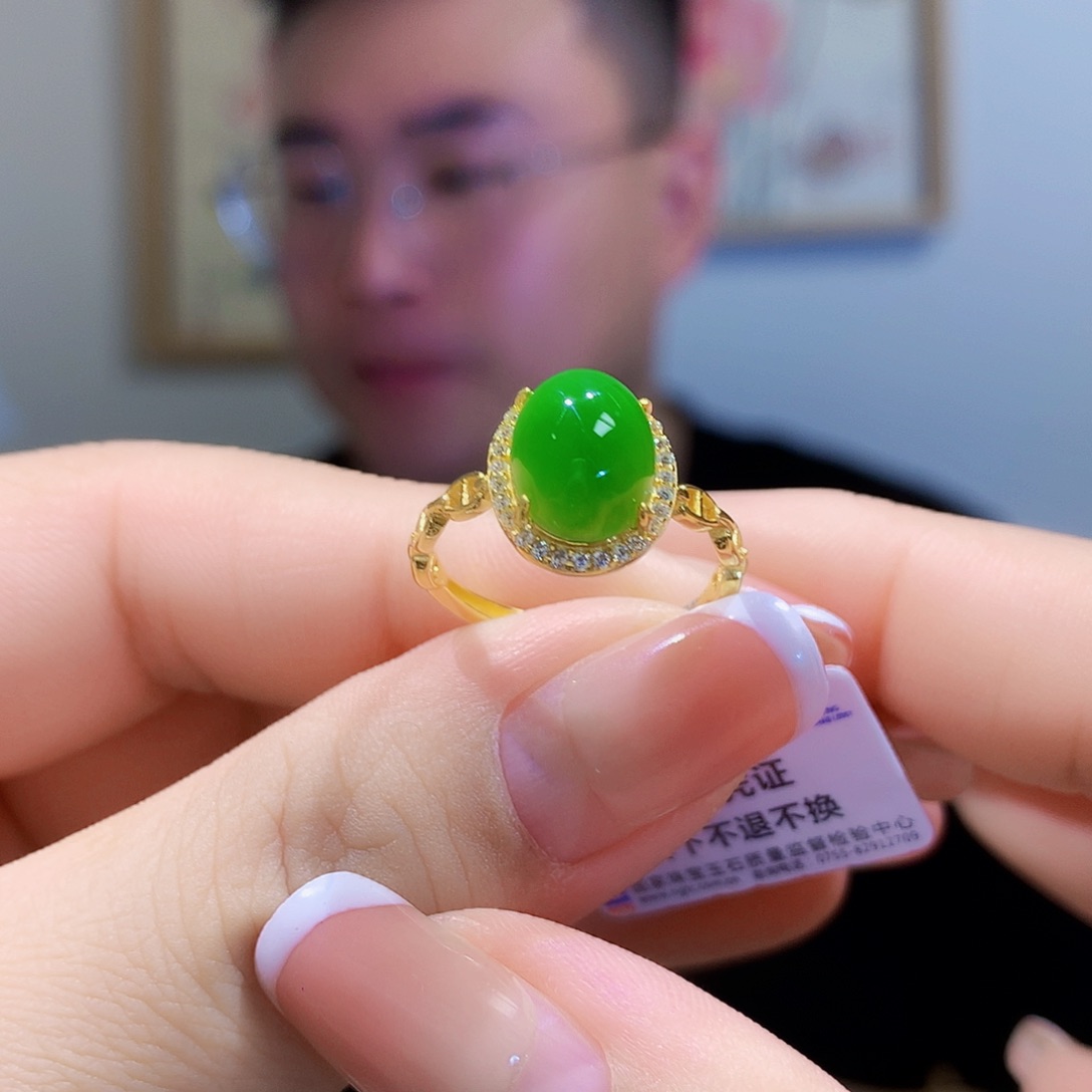 和田玉（碧玉）戒指银S925镀金镶嵌
