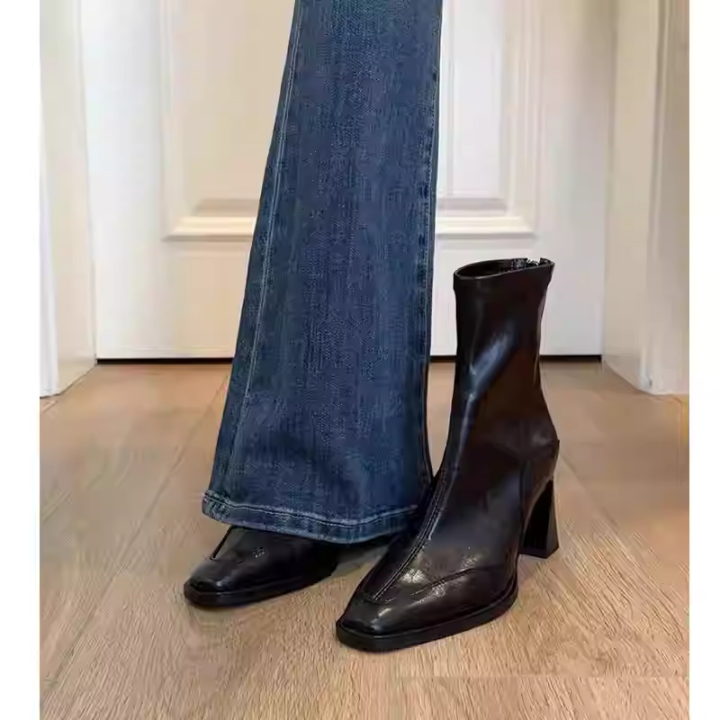 羊皮版～韩版高跟方头瘦瘦靴短靴女粗跟复古马丁靴英伦风短筒单靴