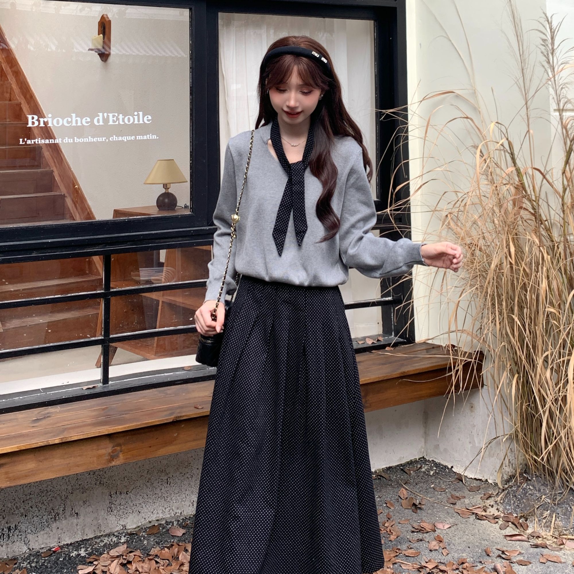 【小云总专享】29579法式简约宽松百搭针织衫搭配斑点半身裙两件套