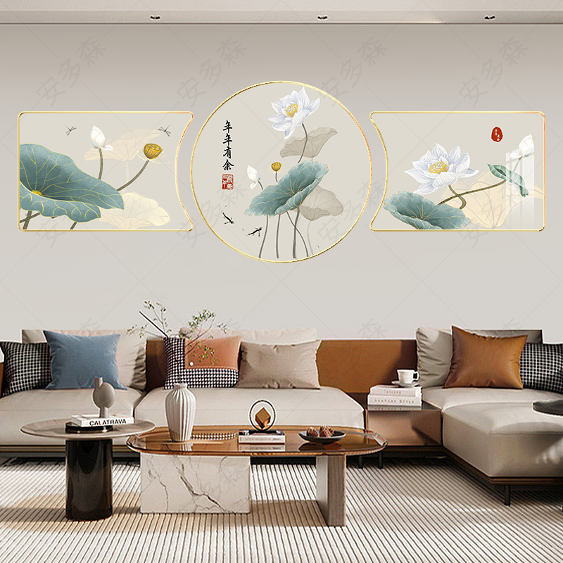 T33【年年有余】珠联璧合三联客厅装饰画沙发背景墙荷花君子壁挂画