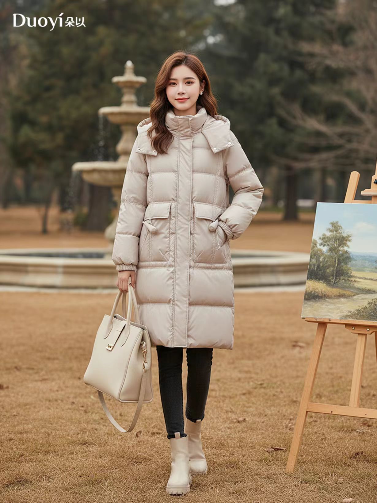 朵以立领连帽羽绒服中长款女25冬新款90绒防风保暖外套38DD943038