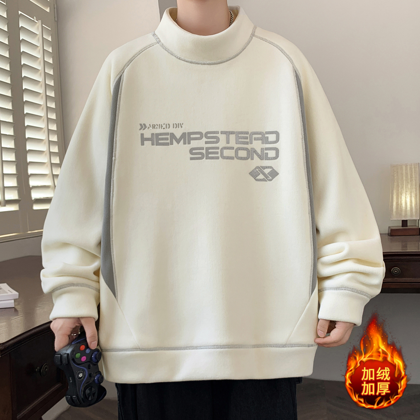 秋冬新款青少年初高中学生男加绒加厚奥粒绒半高领卫衣打底衫上衣