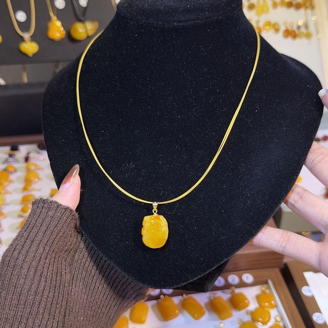 蜜蜡银S925镀金镶嵌颈饰蜜蜡项链