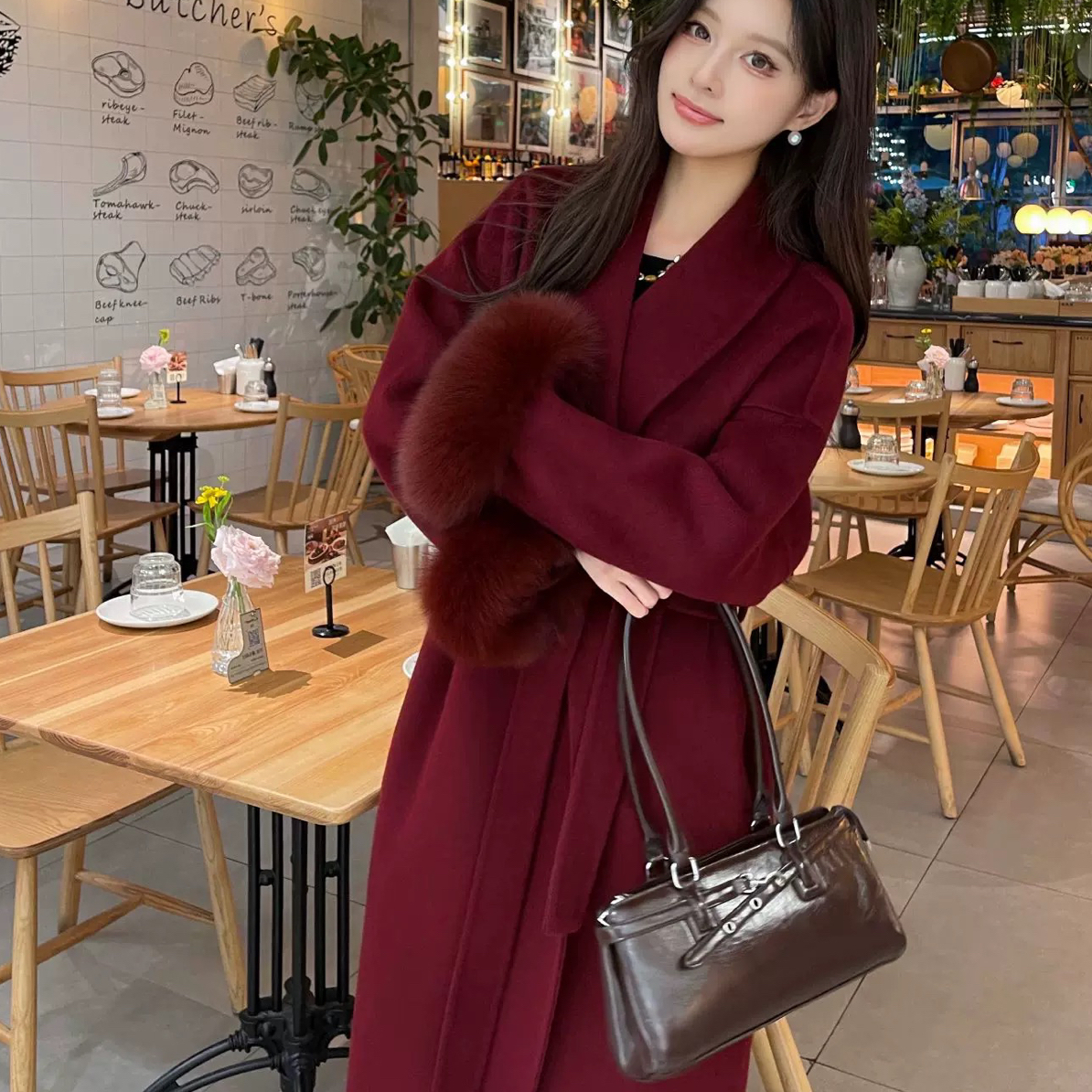 冬季新品韩系睡袍长款系带羊毛大衣（澳毛100%）（配可拆卸狐狸毛领）