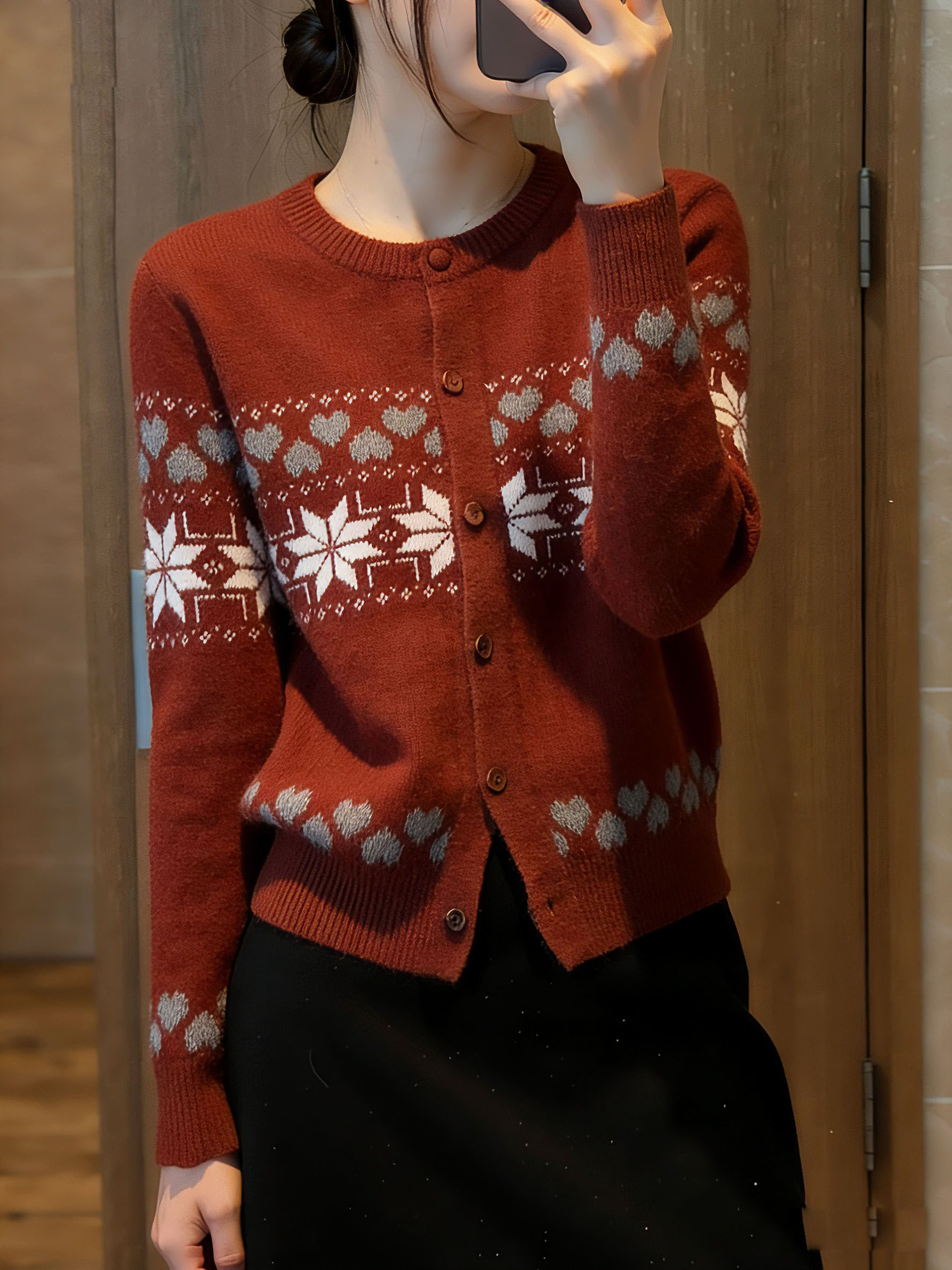 韩版冬季新圆领单排扣时尚雪花提花短款长袖针织开衫女显瘦毛衣红