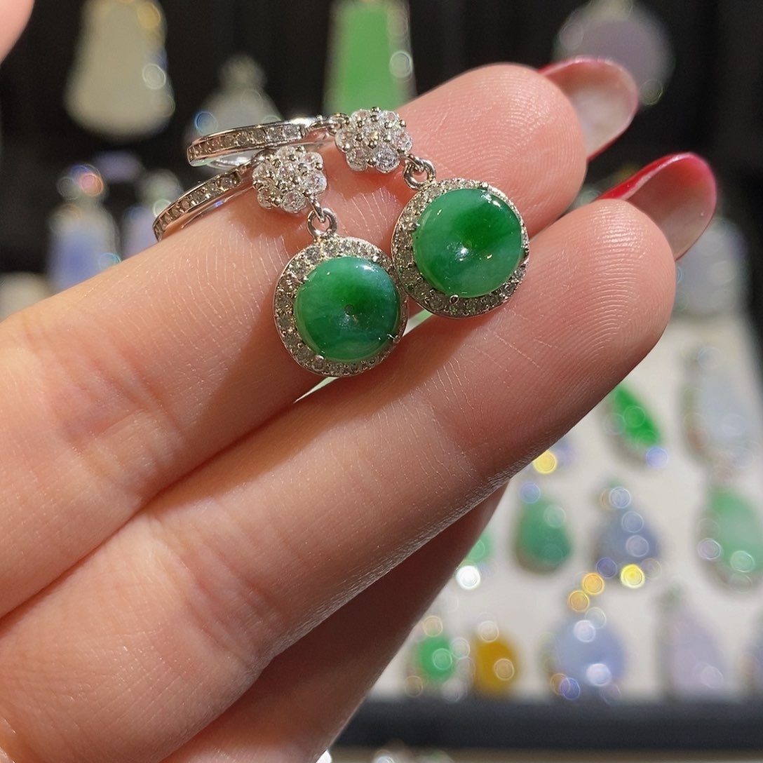 翡翠耳饰银S925镶嵌天然翡翠