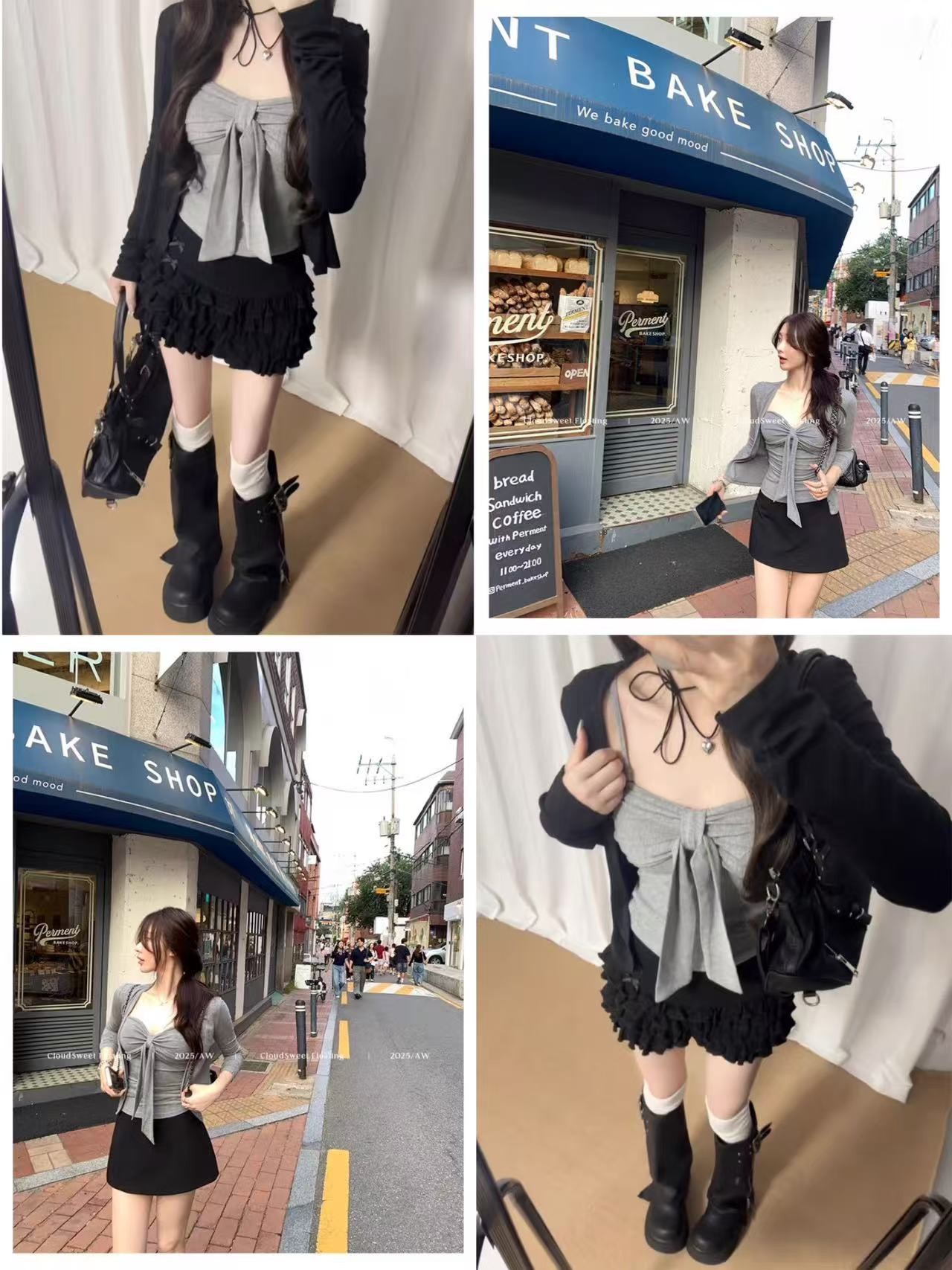 法式性感纯欲风v领外搭长袖开衫春秋冬灰色韩式吊带女带胸垫打底