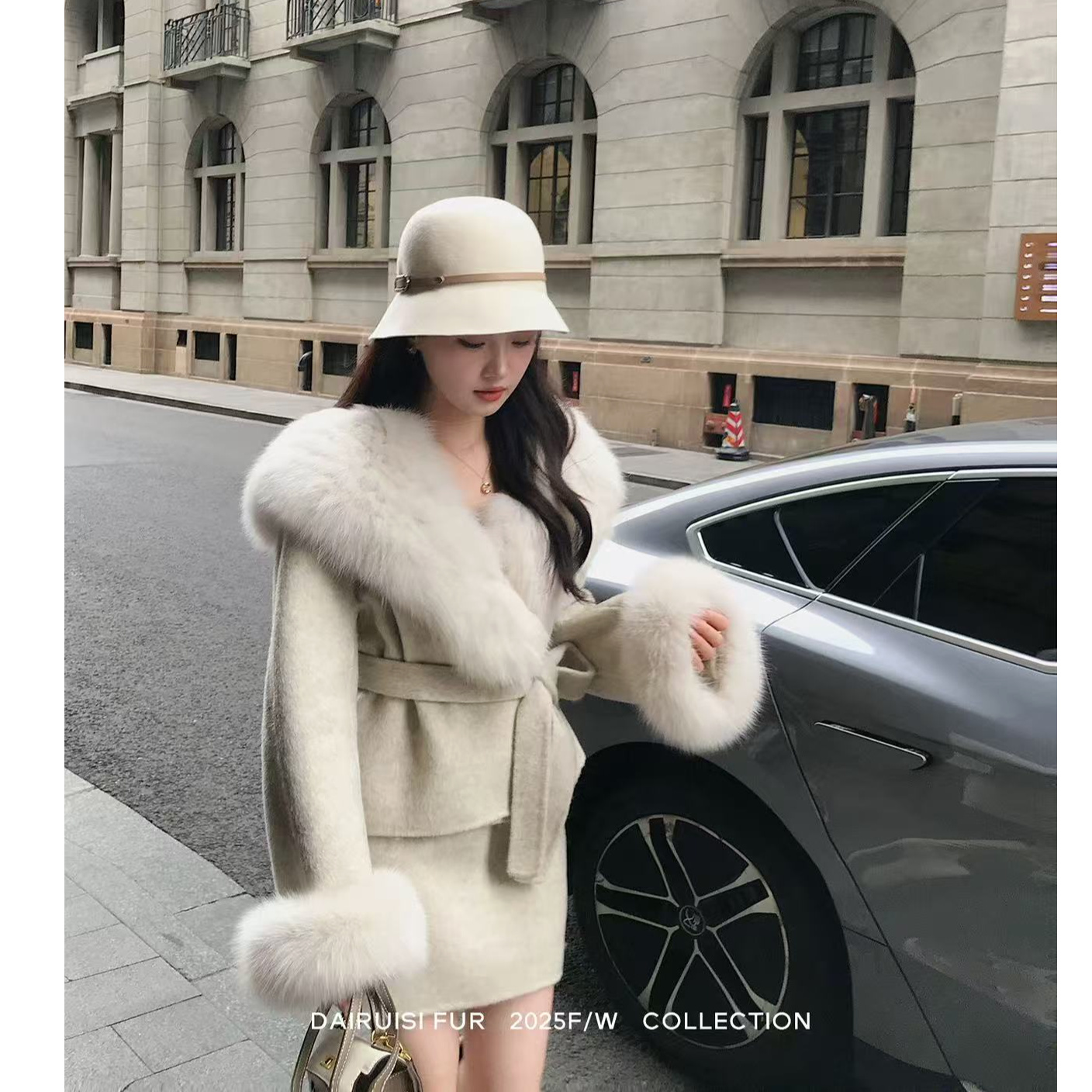 【两件套】2025冬新双面呢大衣女毛领海军领毛呢子套装S911234