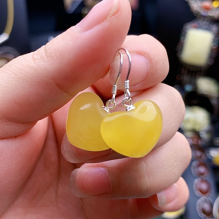 琥珀裸石银S925镶嵌耳坠