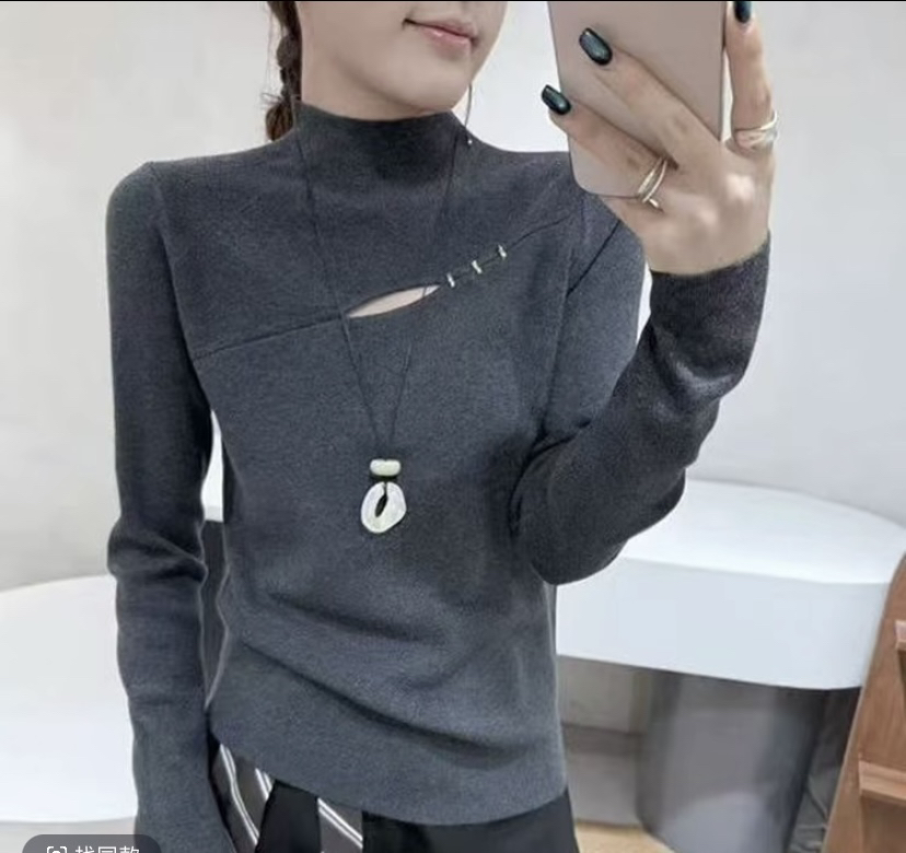 纯色针织半高领上衣打底衫毛针织衫秋冬季拼接女镂空
