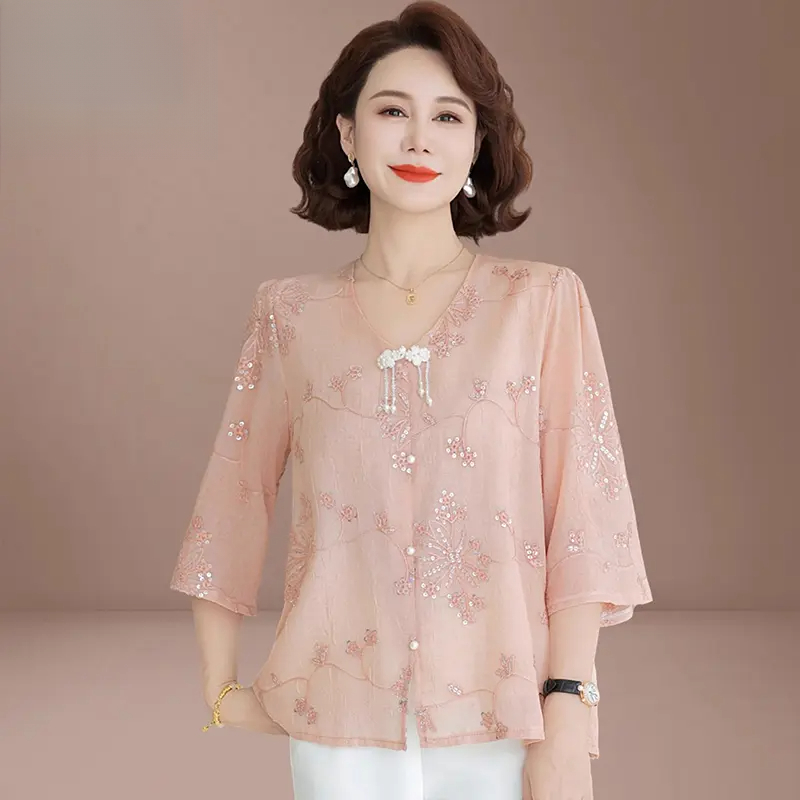 妈妈装夏季刺绣两件套新款中年高档上衣中老年女士新中式时尚套装