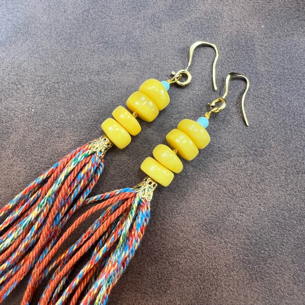 【四季如意】天然蜜蜡国风长款耳环耳饰万能耳勾s925银