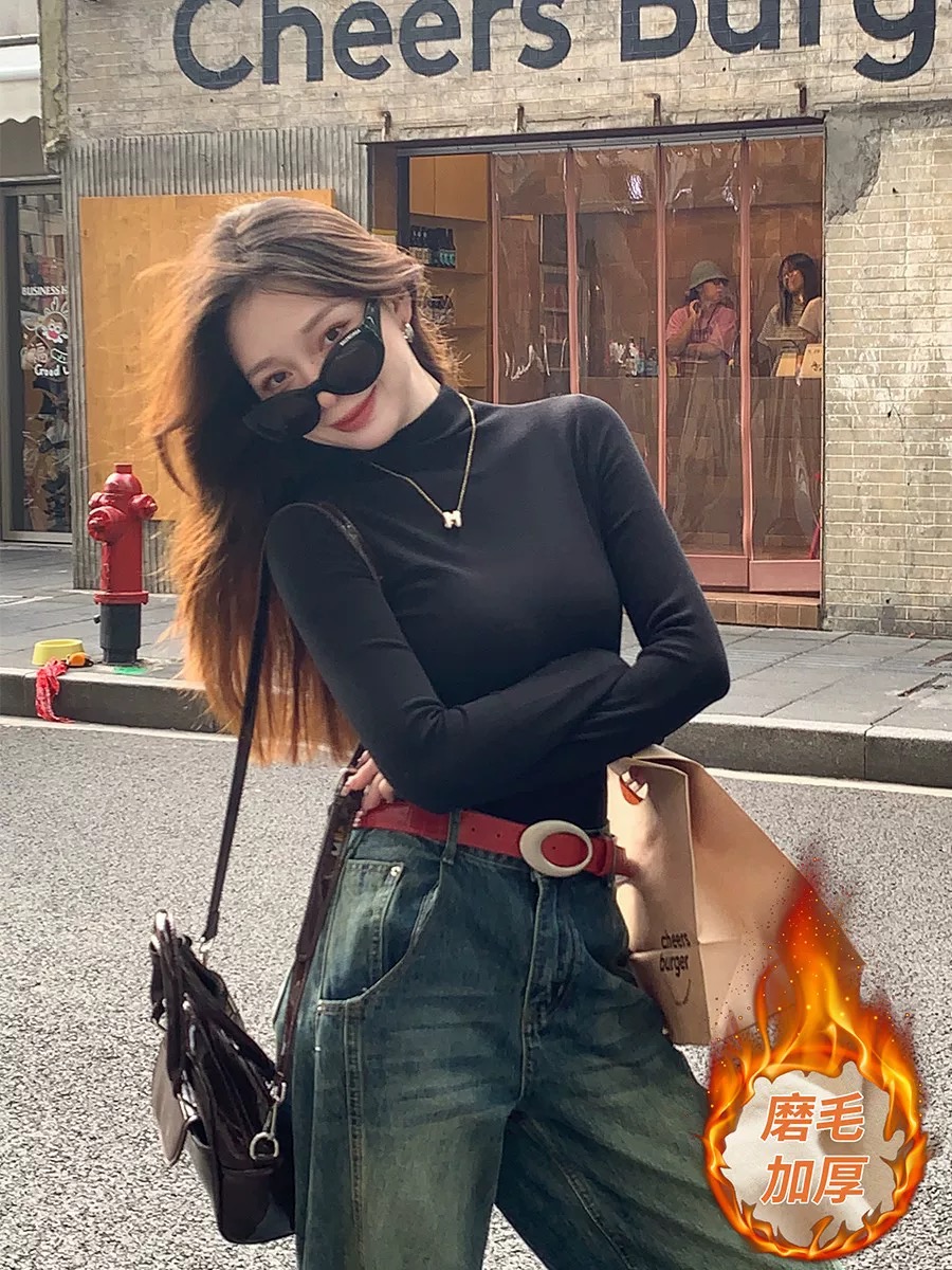 半高领打底衫女长袖磨毛t恤秋冬新款修身显瘦基础版加厚内搭上衣