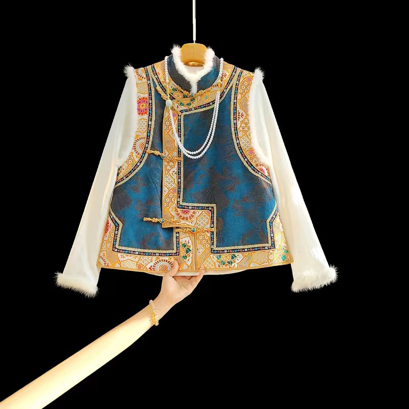 南油新中式百搭蚕丝丝锦冬季夹棉马夹复古厚款女棉马甲