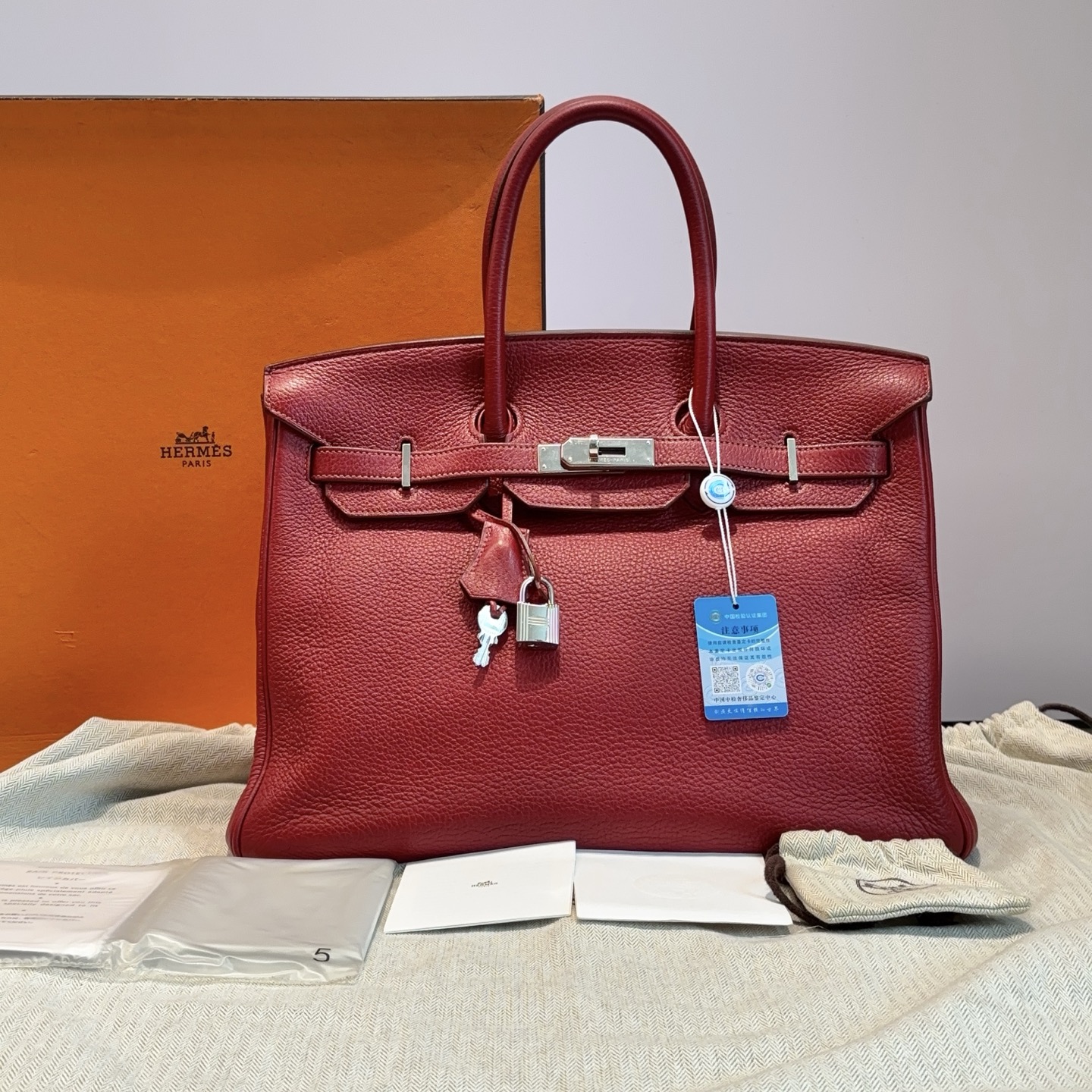 95新 Hermes/爱马仕 国旗红银扣Birkin35手提包 93613
