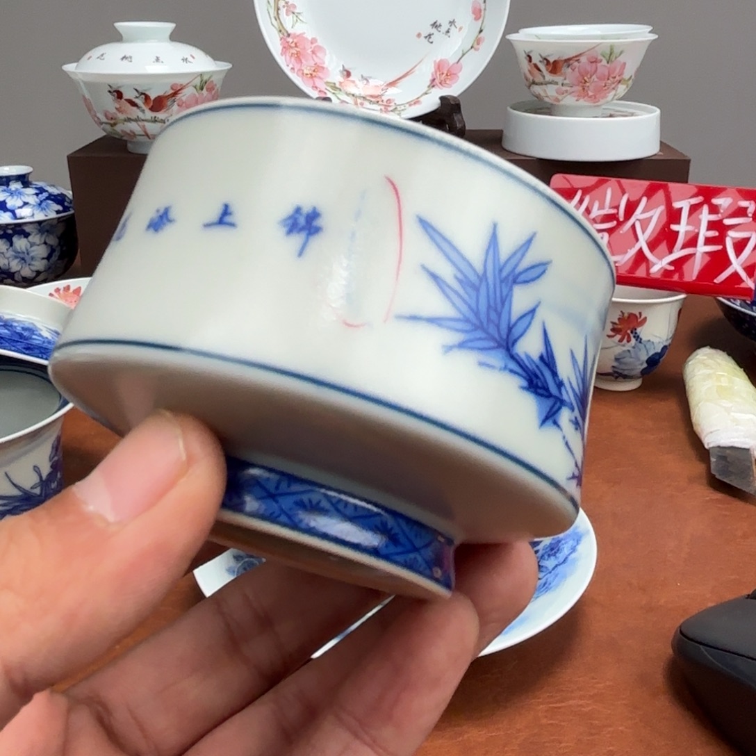 天***饼摆件陶微瑕花鸟主人杯景德镇发货