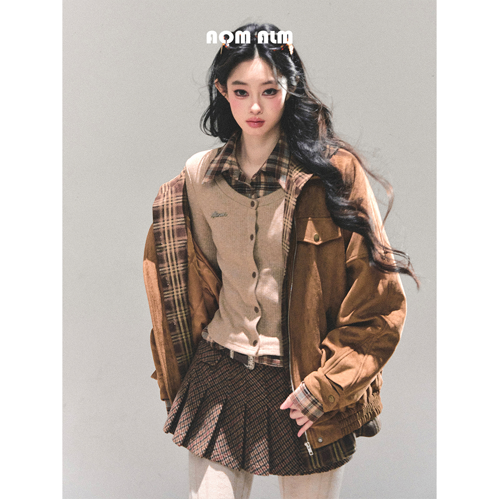 AOMALM少也眼"拂晓前的降落"赫本风加厚夹棉外套女冬连帽格子上衣