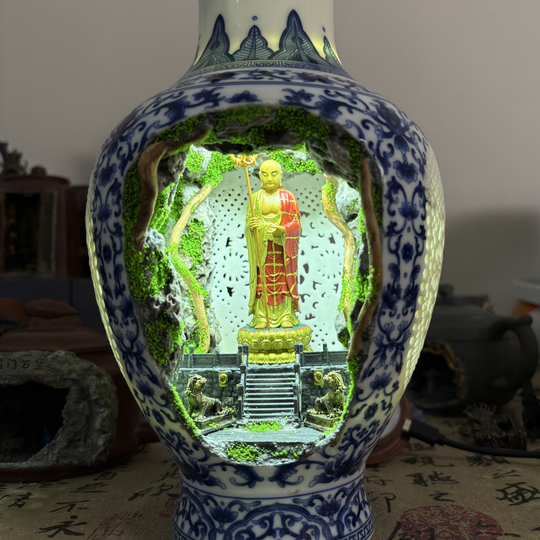 青花瓷地藏王菩萨手工景观摆件工艺品创意玄关手绘