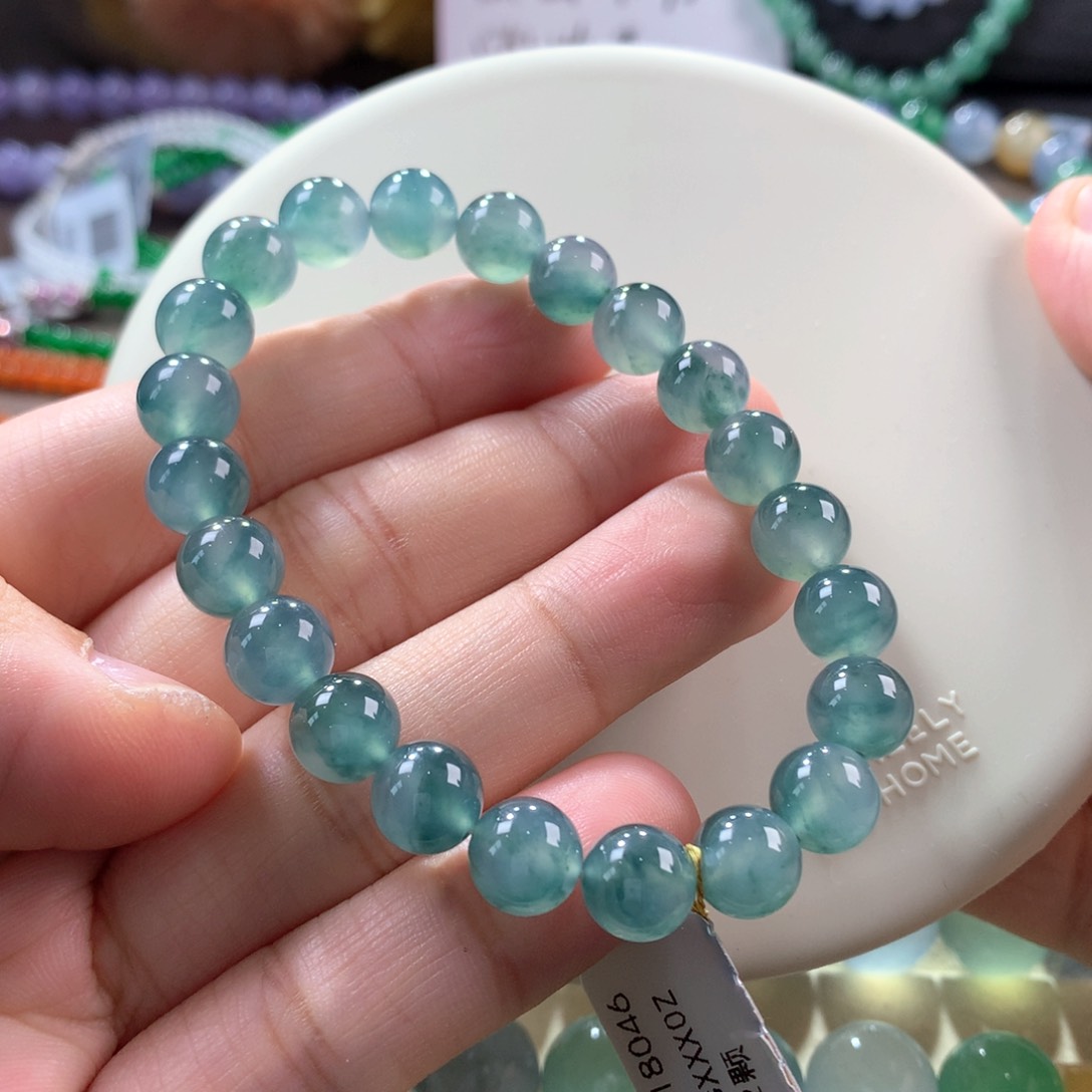 翡翠手链未镶嵌冰胶孔雀蓝飘花手串卡8加
