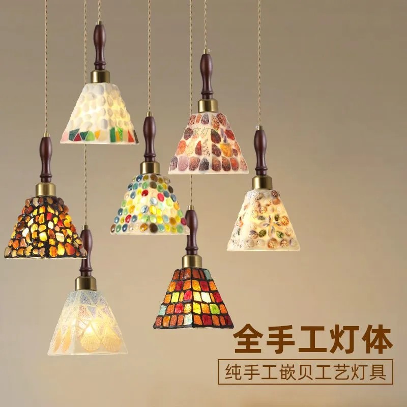 蒂凡尼吊灯书房床头卧室吊灯复古胡桃木色酒吧走廊过道地中海吊灯