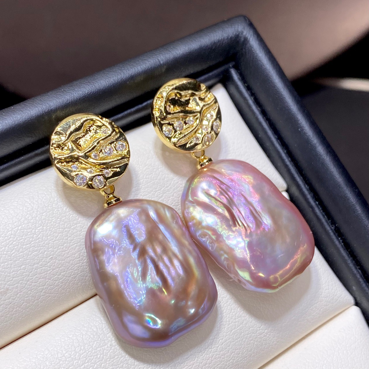 （璞菲珍珠）天然淡水珍珠异形幻彩巴洛克耳坠 15-20mm 粉紫色