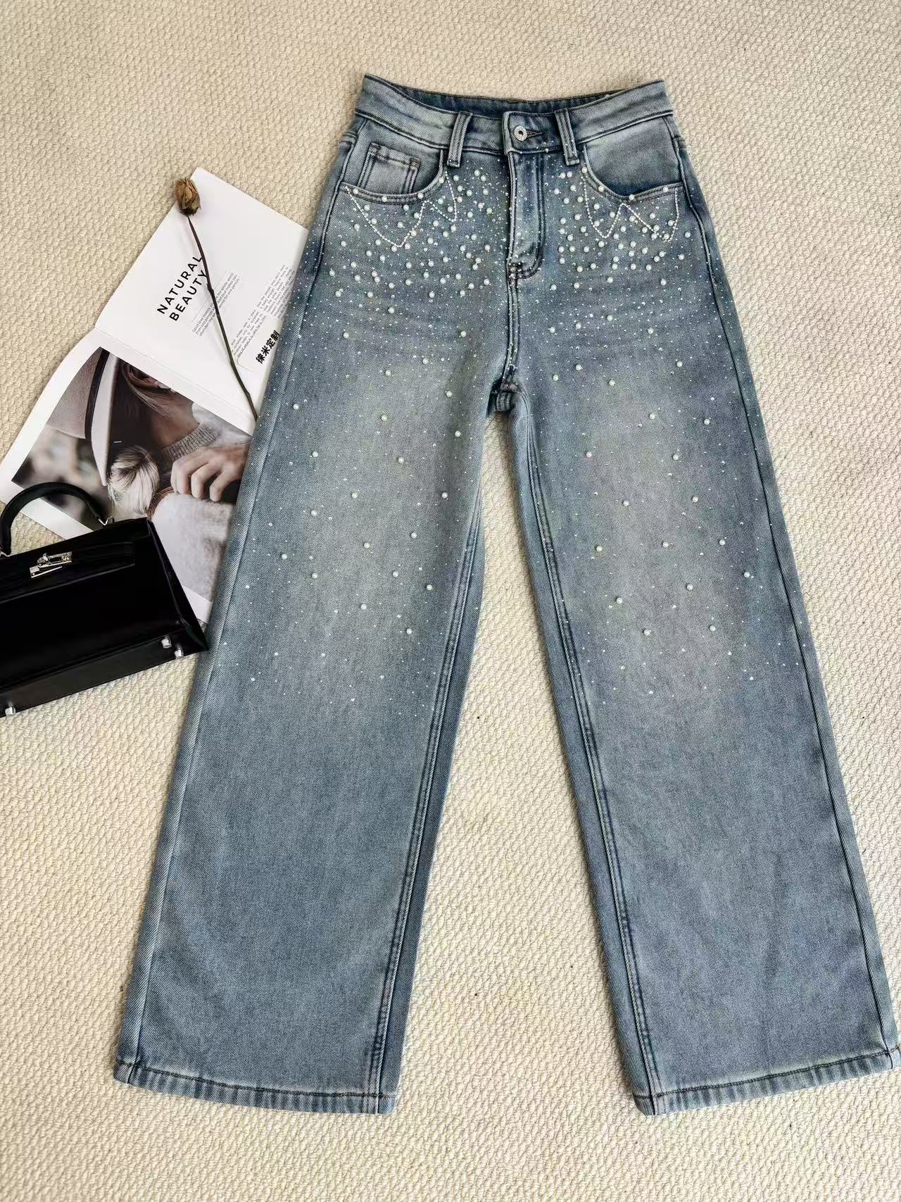 Laimi珍珠烫钻满天星直筒牛仔裤加绒加厚时尚百搭