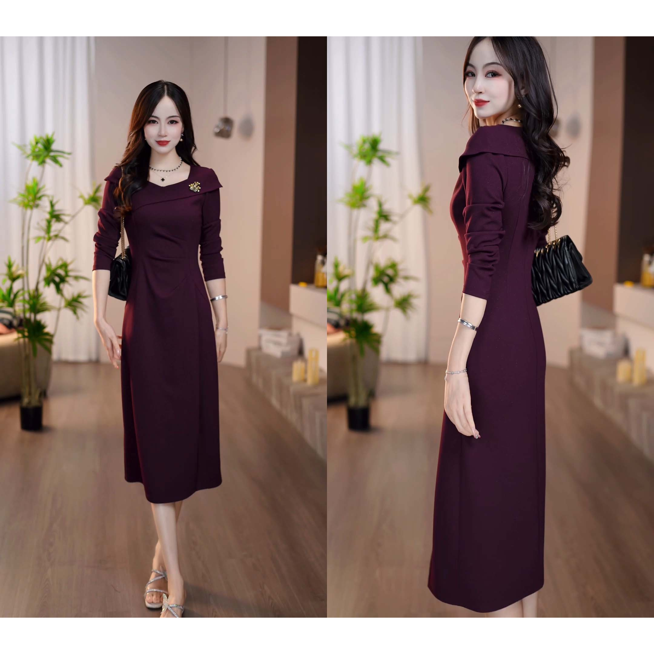 2025秋季新款绛紫色斜交领精致气质优雅大气收腰显瘦连衣裙M-4XL