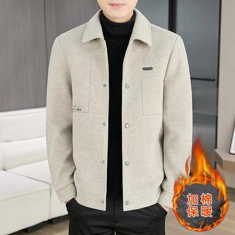 高级感翻领男士夹克外套男款秋冬季加棉加厚保暖休闲百搭毛呢上衣