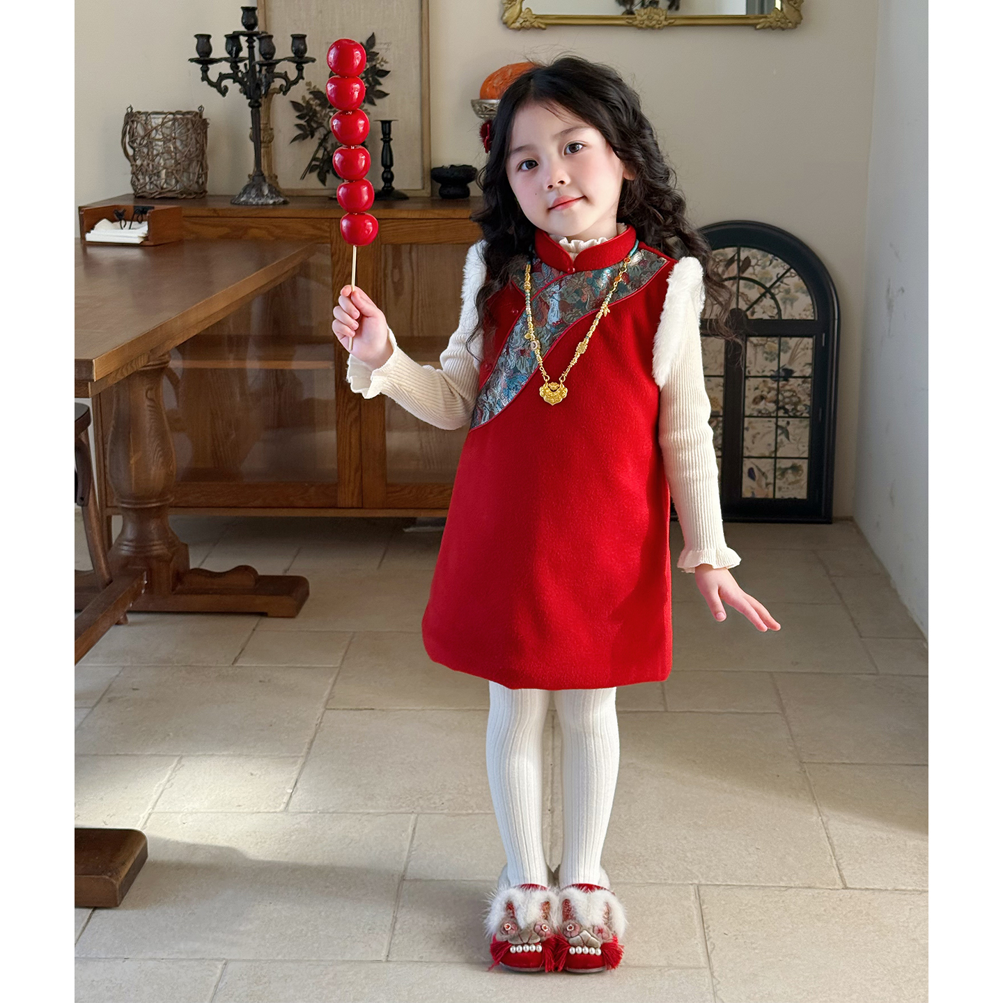 壹妈童装女童中国风套装秋冬新款中式国风拜年服红色夹棉旗袍裙