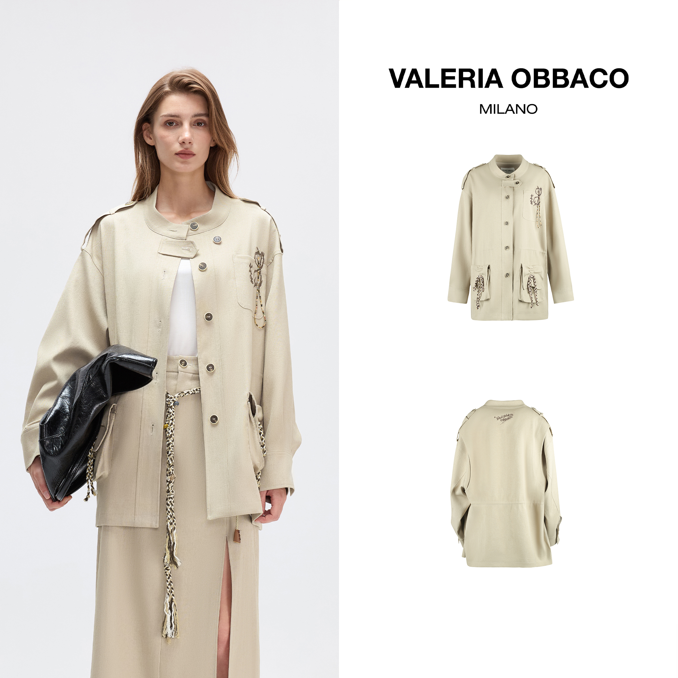 VALERIA OBBACO  卡其色亚麻眼镜刺绣风衣2025春秋新款外套上衣