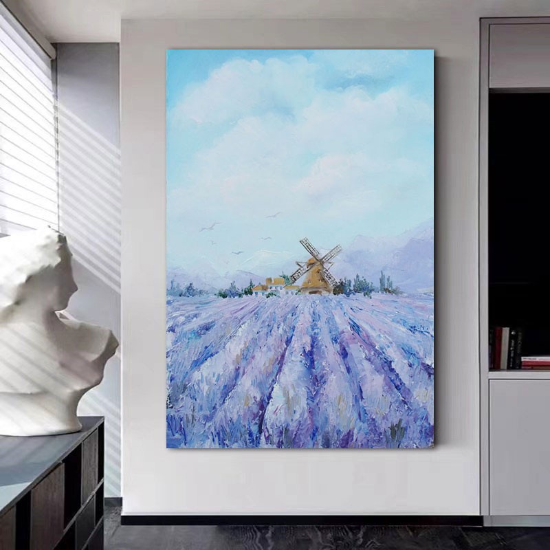风车肌理画客厅紫色薰衣草挂画餐厅风景装饰画玄关花卉纯手绘油画