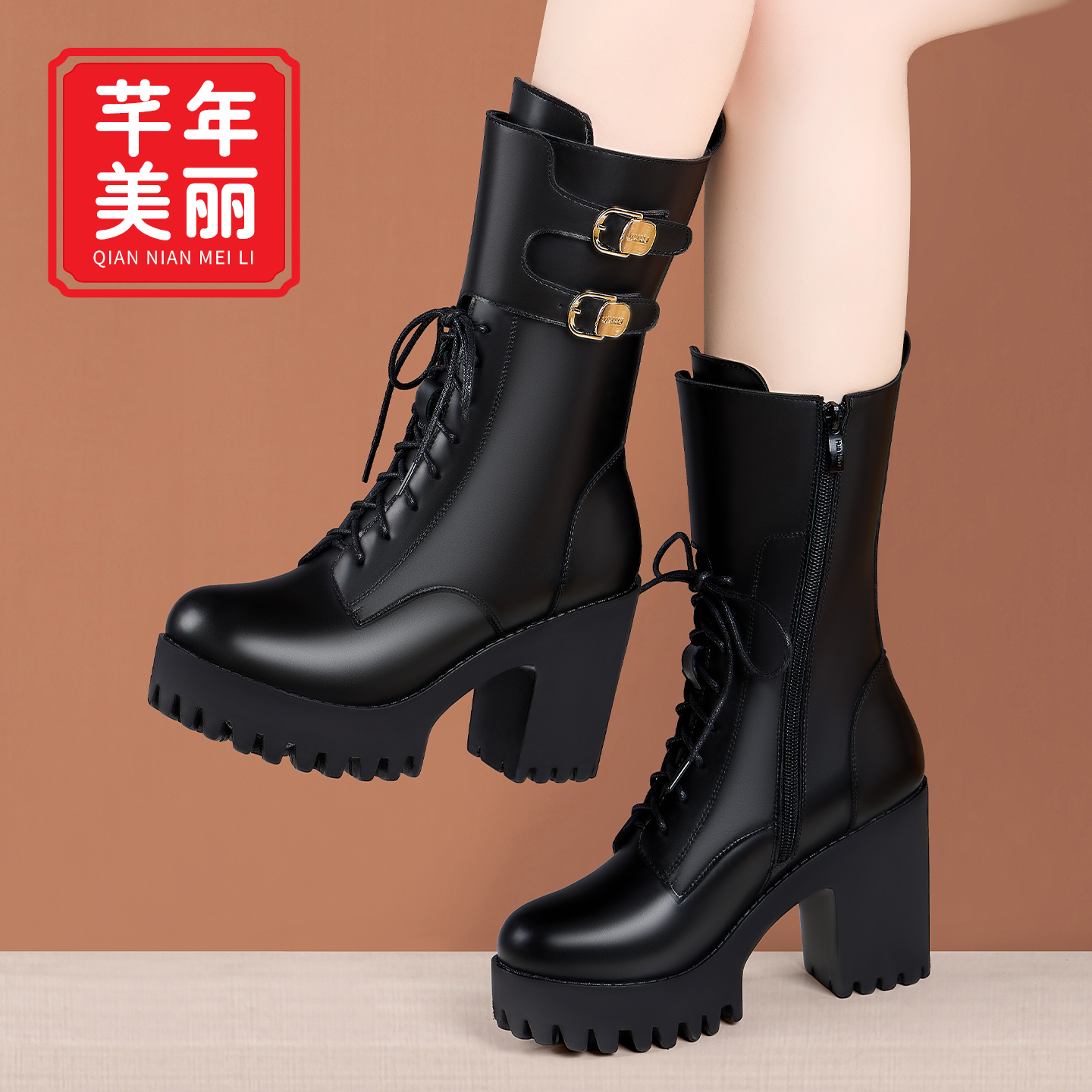 秋冬新款高跟中筒靴跟厚底加绒女士新款粗跟英伦风马丁靴舒适短靴