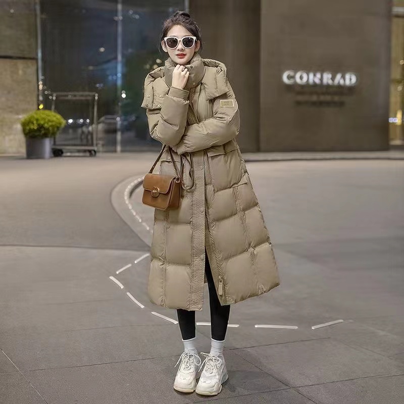 【D837】冬装新女士纯色连帽保暖气质外套中长款