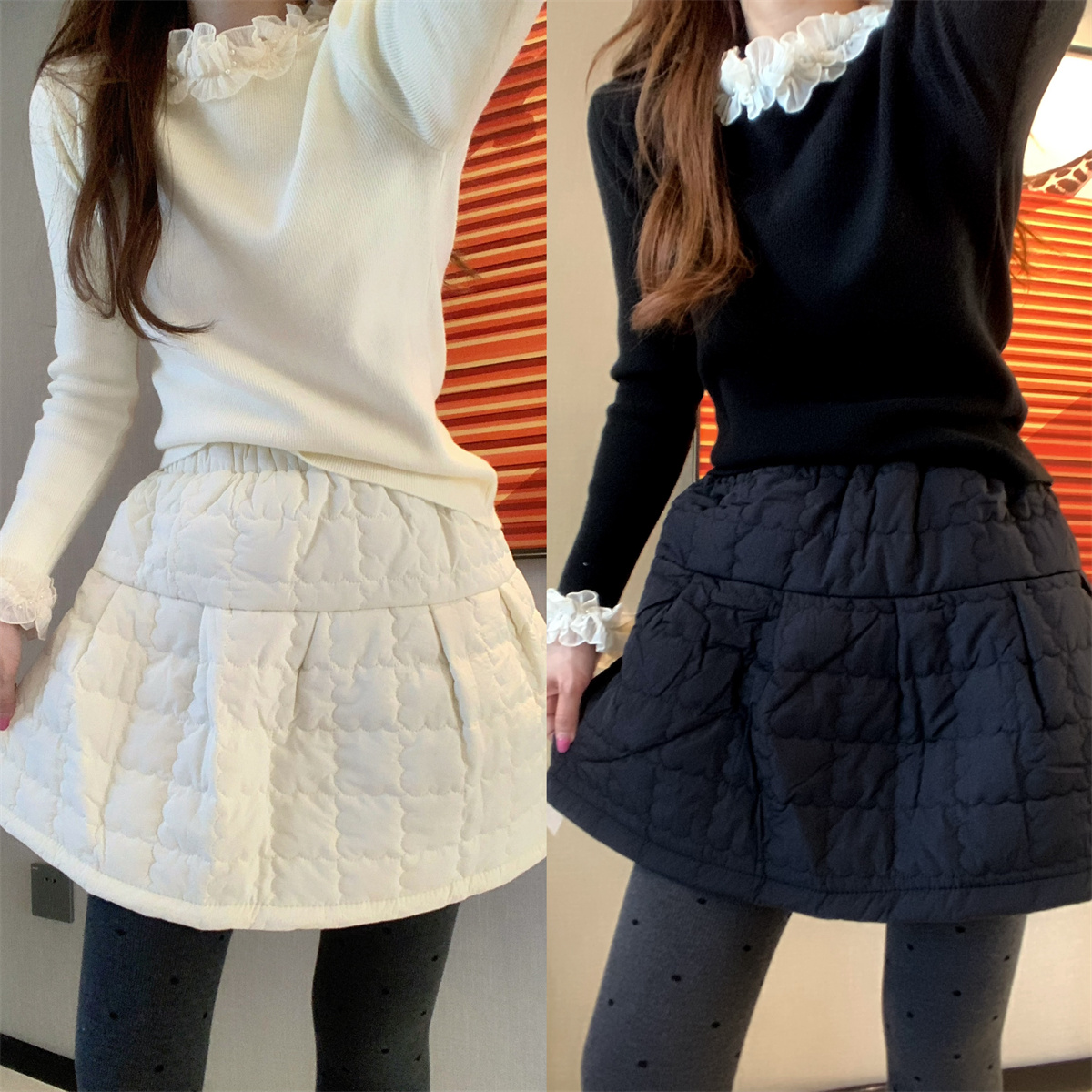 JENNIFER JXLIU 甜美奶油白色方形压纹松紧腰蓬蓬A字型短裙半身裙