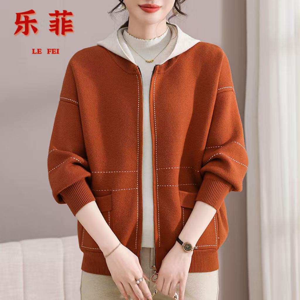 新款妈妈装秋装洋气外套连帽上衣2025中老年春秋针织衫上衣外套