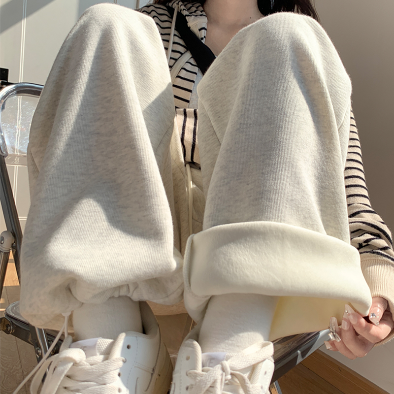 加绒运动裤女秋冬2025新款宽松束脚直筒裤美式休闲灰色阔腿卫裤子