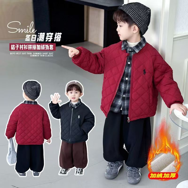 男童棉服加绒加厚冬装2025新款痞帅儿童假两件棉衣冬季男宝外套潮