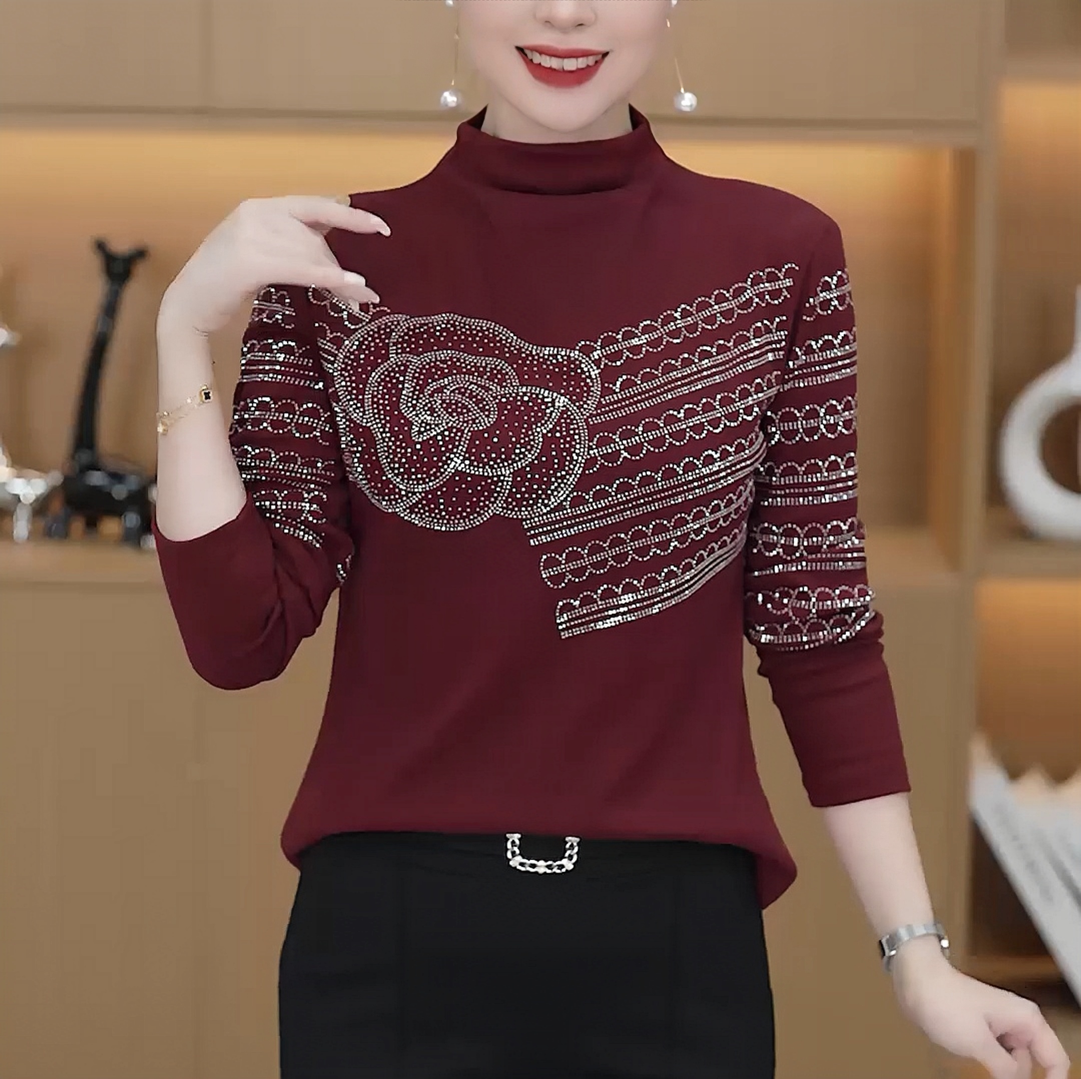 2025秋冬新款半高领时尚洋气长袖T恤修身显瘦小衫减龄女士打底衫