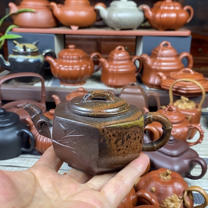 茶壶紫砂六方竹节180cc原矿老紫泥柴烧工艺特价 