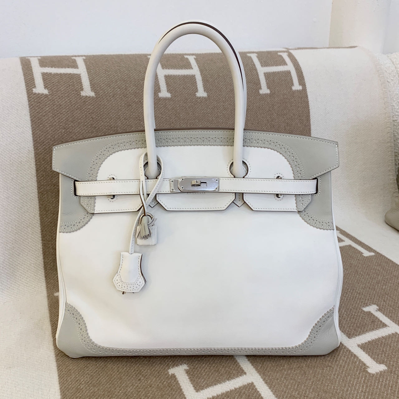 99新 Hermes/爱马仕 birkin35 纯白拼珍珠蕾丝swift皮 框Q 0219m7