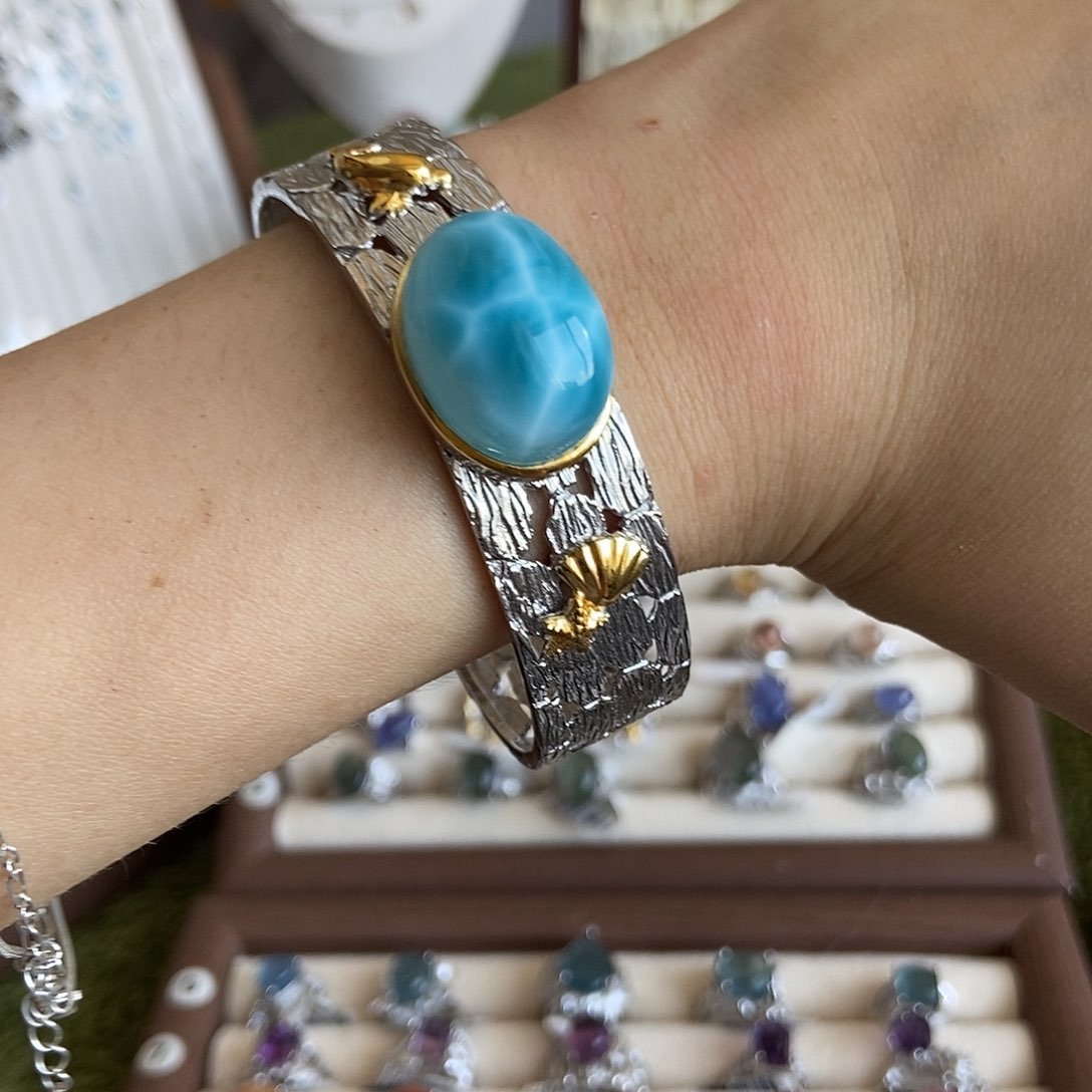 金***金水晶戒指银S925镶嵌海纹石手镯