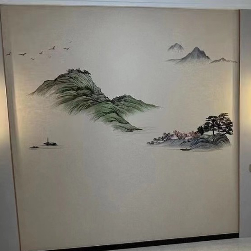 独绣金丝线山水刺绣无缝壁布新中式客厅沙发电视背景床头新款直销