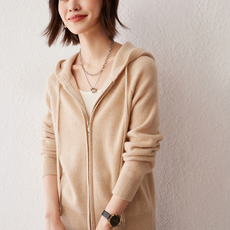 新款连帽针织纯山羊绒拉链开衫外套宽松休闲显瘦百搭特级山羊绒衫